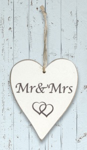 Mr & Mrs Wooden Heart White 9cmx11cm